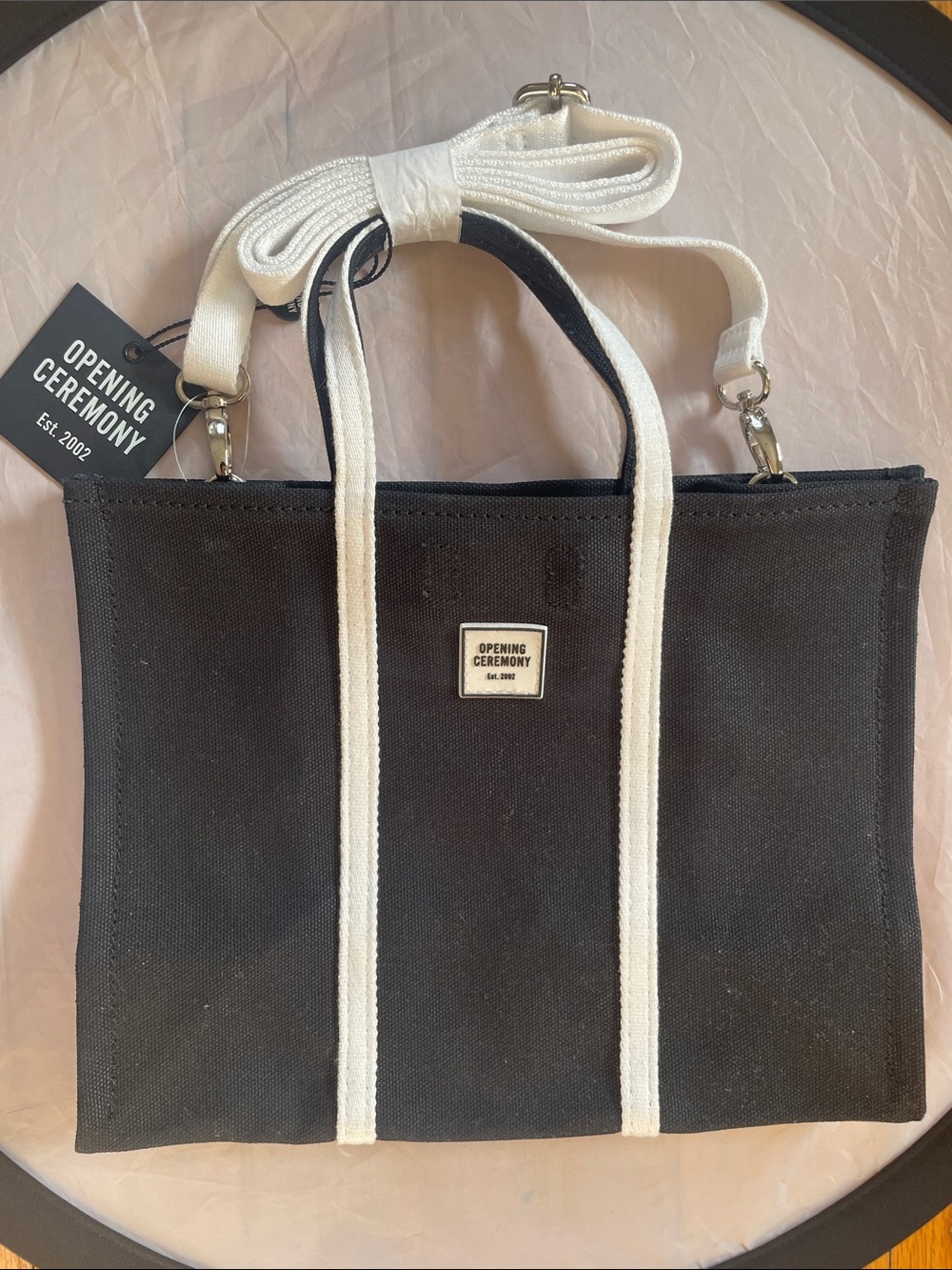 New Opening Ceremony Black Canvas Tote White Removable Straps Crossbody Bag NWT